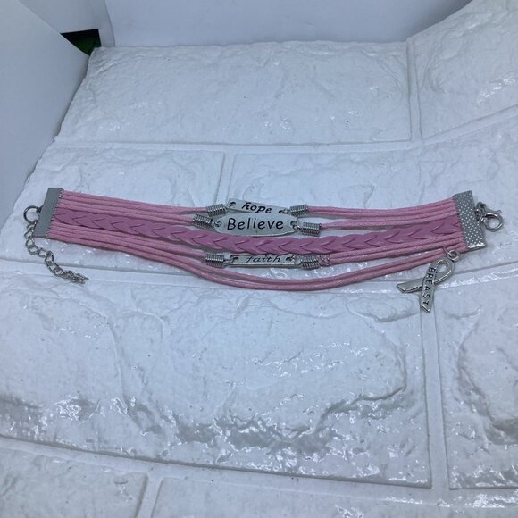 Pink Ribbon Breast Cancer Awareness FAITH BELIEVE HOPE Leather Braided Bracelet - Picture 6 of 6